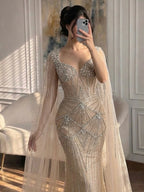 Luxury Dubai Pink Beaded Evening Dress With Cape CLA73329