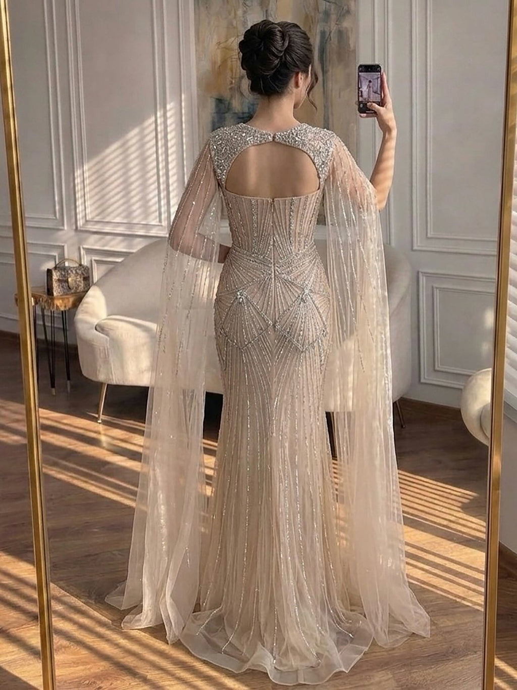 Luxury Dubai Pink Beaded Evening Dress With Cape CLA73329