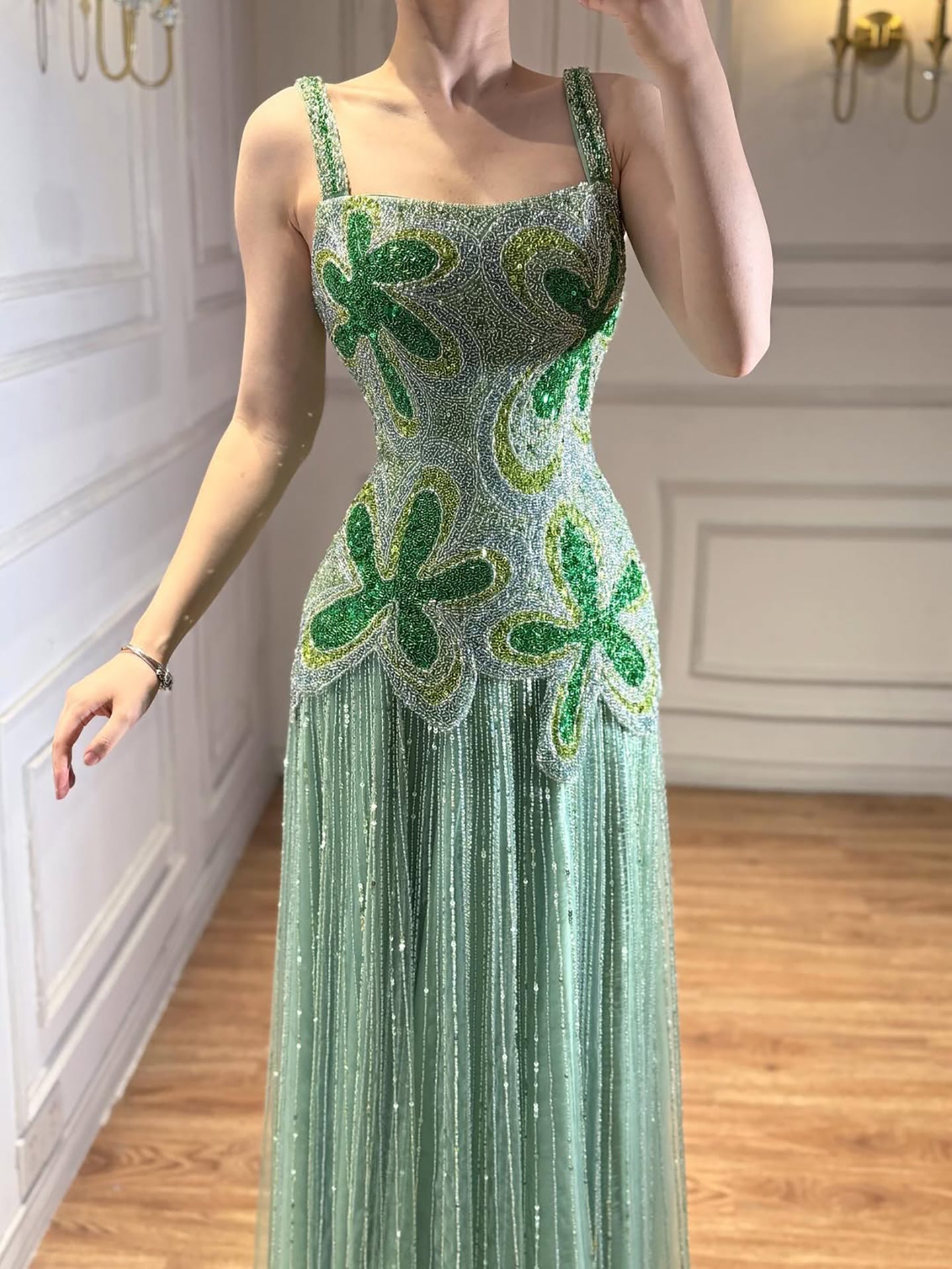 Kosovo Luxury Full Beaded A-Line Spaghetti Straps Evening Dress Women Occasion Party Gown CLA73332