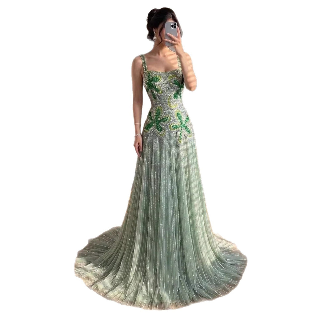Kosovo Luxury Full Beaded A-Line Spaghetti Straps Evening Dress Women Occasion Party Gown CLA73332