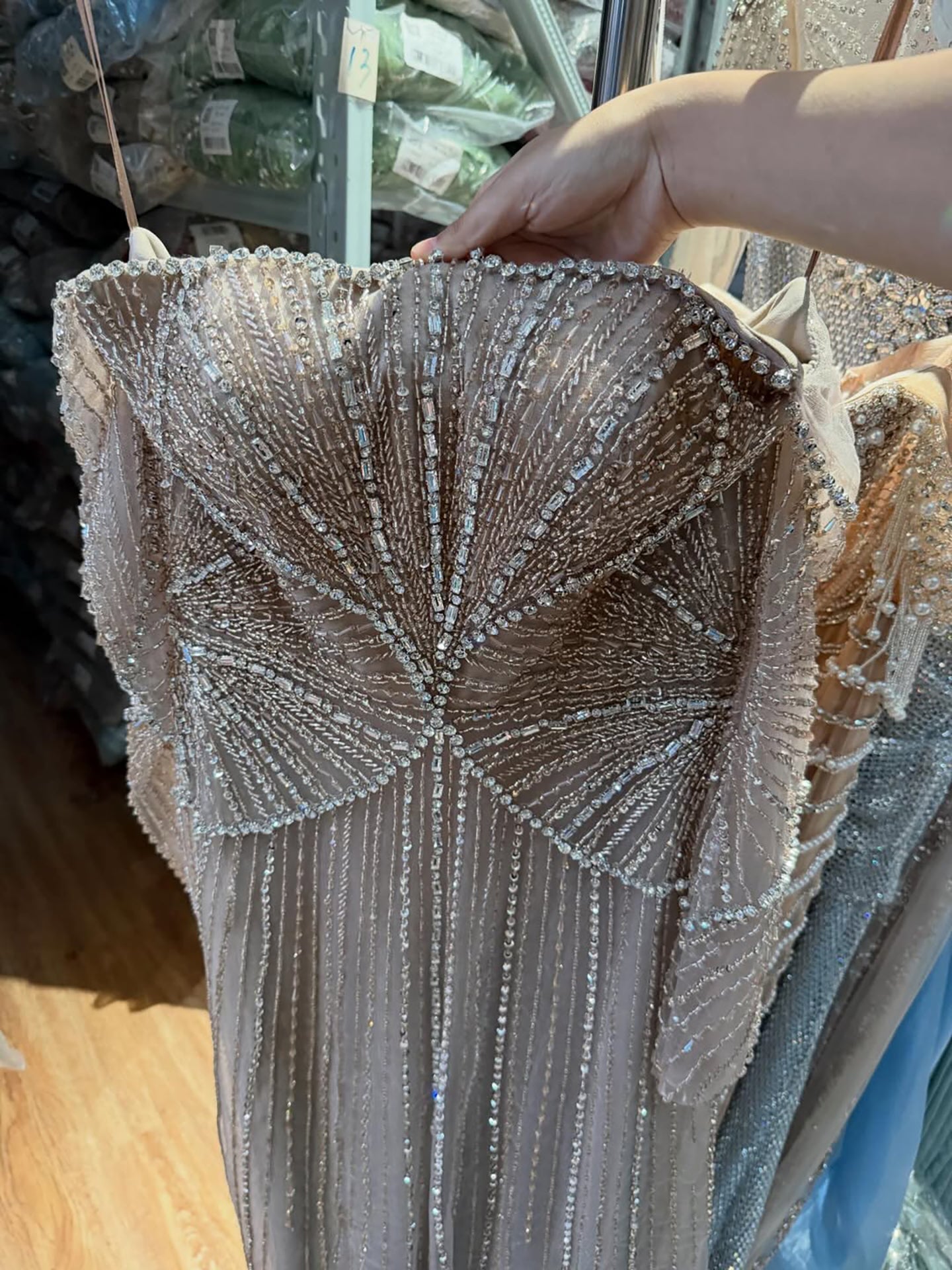 Arabic Beige Luxury Beaded Off Shoulder A-Line Evening Dress CLA73333