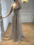 Arabic Beige Luxury Beaded Off Shoulder A-Line Evening Dress CLA73333