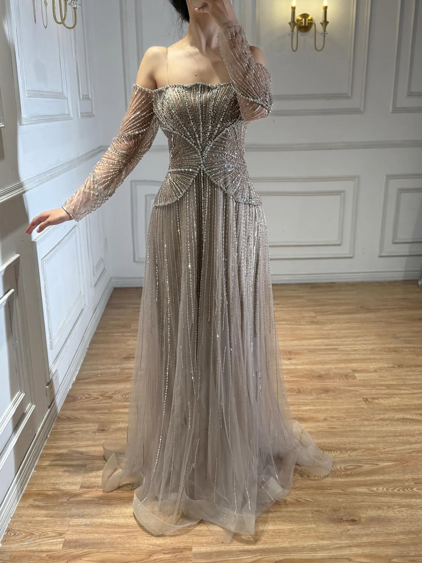 Arabic Beige Luxury Beaded Off Shoulder A-Line Evening Dress CLA73333