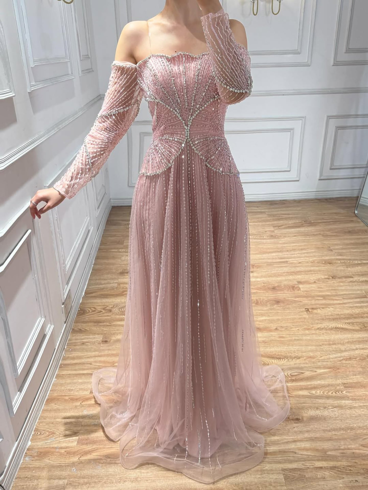 Arabic Beige Luxury Beaded Off Shoulder A-Line Evening Dress CLA73333