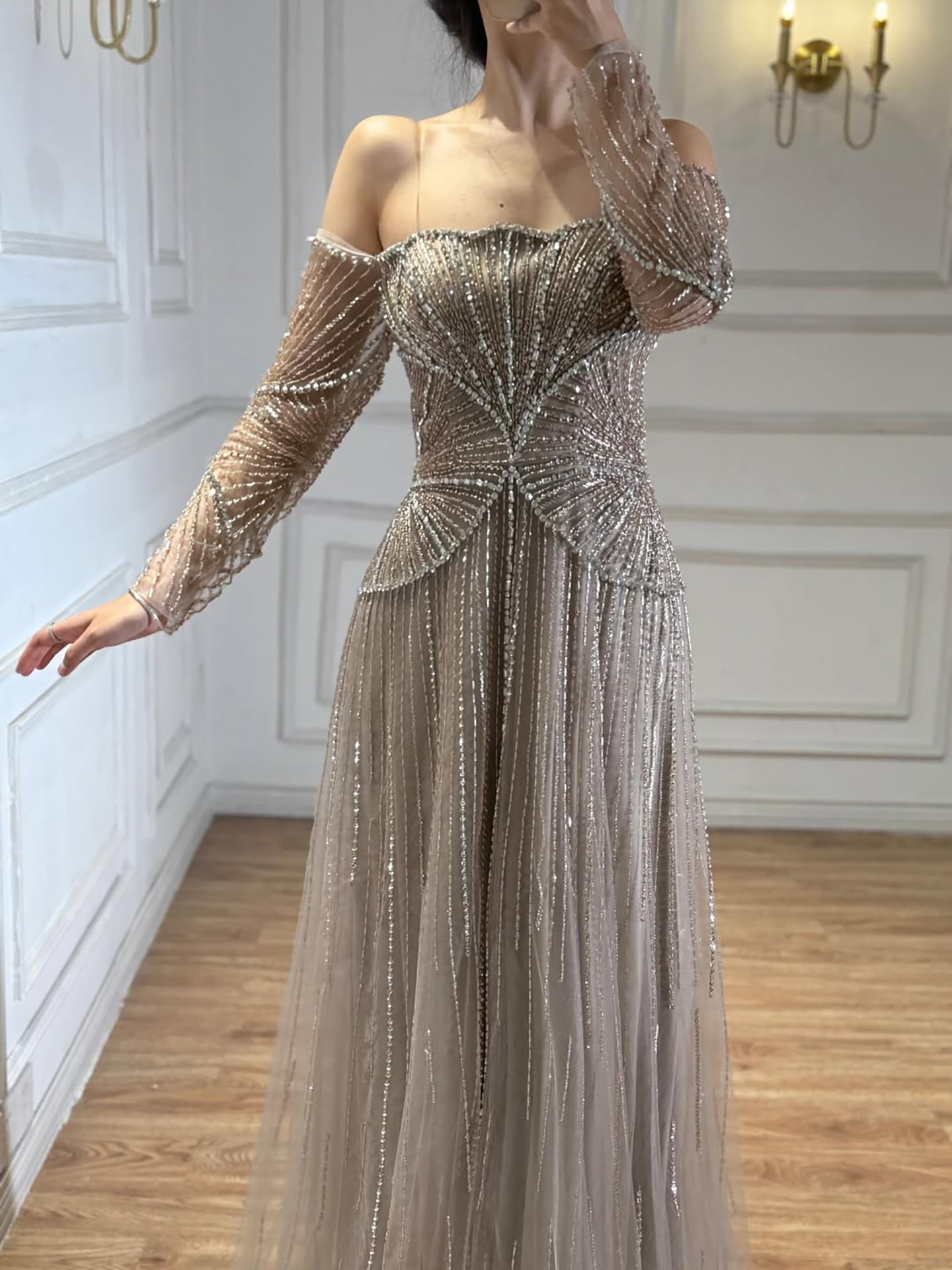 Arabic Beige Luxury Beaded Off Shoulder A-Line Evening Dress CLA73333