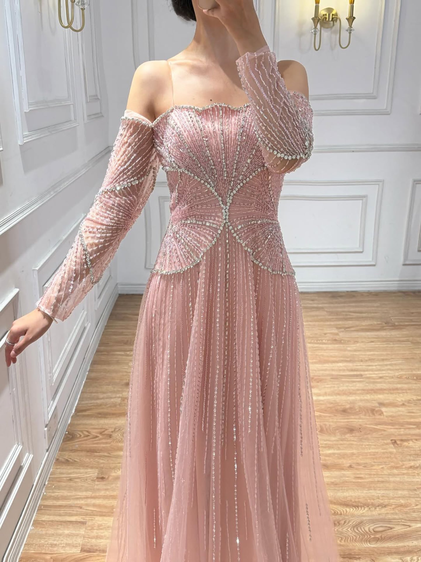 Arabic Beige Luxury Beaded Off Shoulder A-Line Evening Dress CLA73333