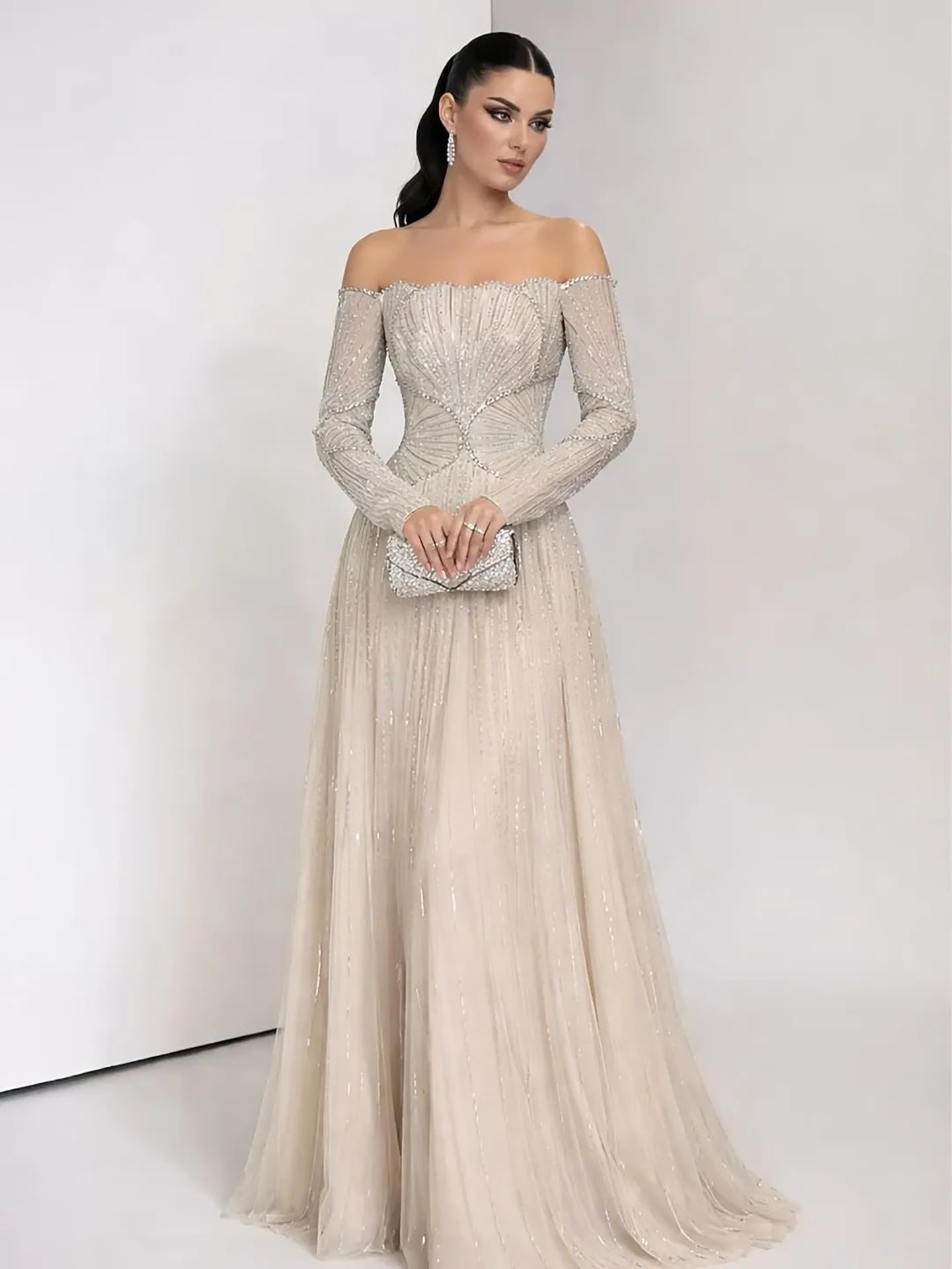 Arabic Beige Luxury Beaded Off Shoulder A-Line Evening Dress CLA73333