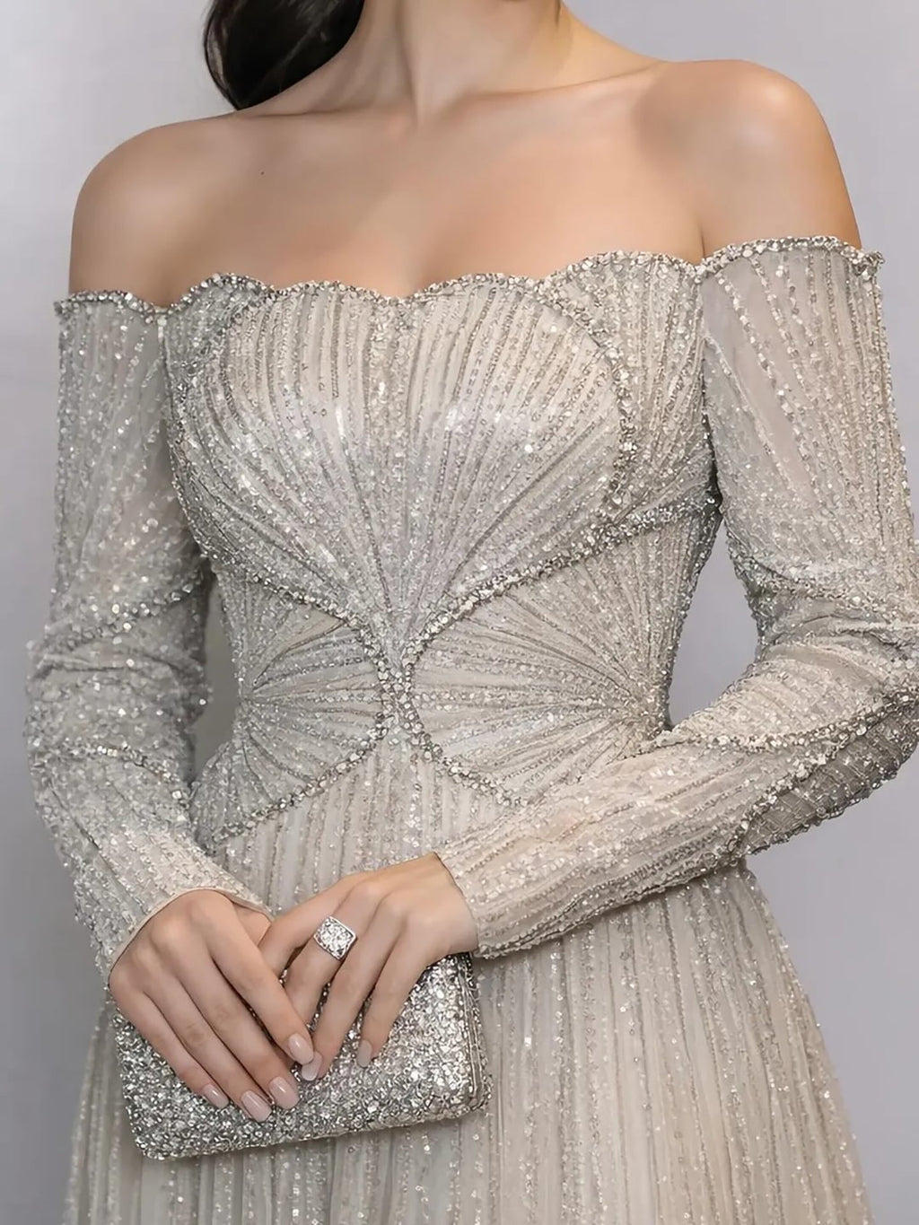 Arabic Beige Luxury Beaded Off Shoulder A-Line Evening Dress CLA73333
