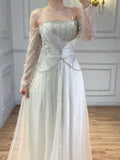 Arabic Beige Luxury Beaded Off Shoulder A-Line Evening Dress CLA73333