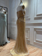 Luxury Gold Off Shoulder Beaded Mermaid Evening Dress LA73333A