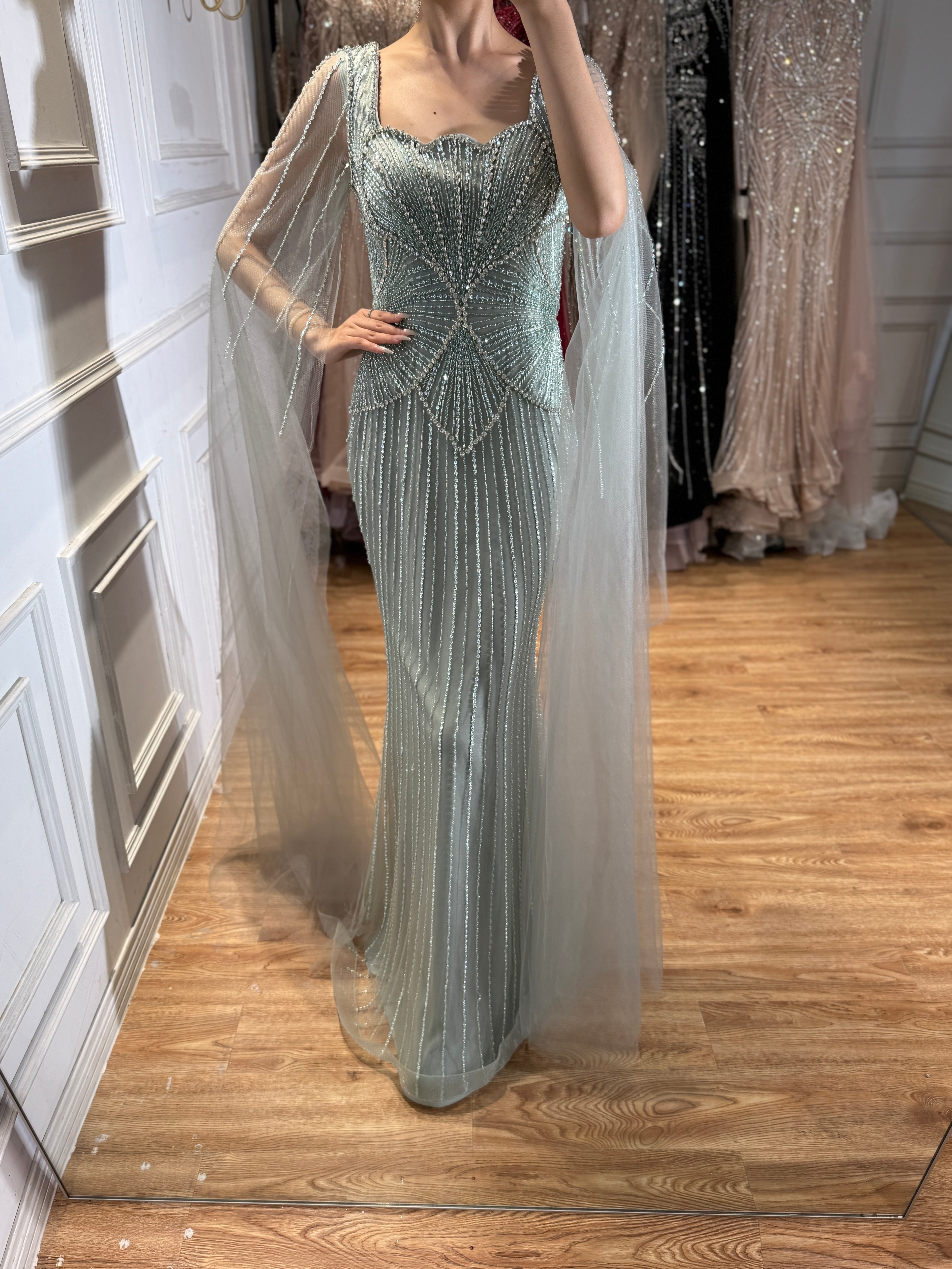 Luxury Beige Square Neck Crystal Beaded Mermaid Gown with Sheer Tulle Cape Sleeves CLA73333B