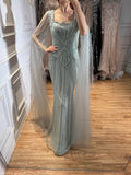 Luxury Beige Square Neck Crystal Beaded Mermaid Gown with Sheer Tulle Cape Sleeves CLA73333B
