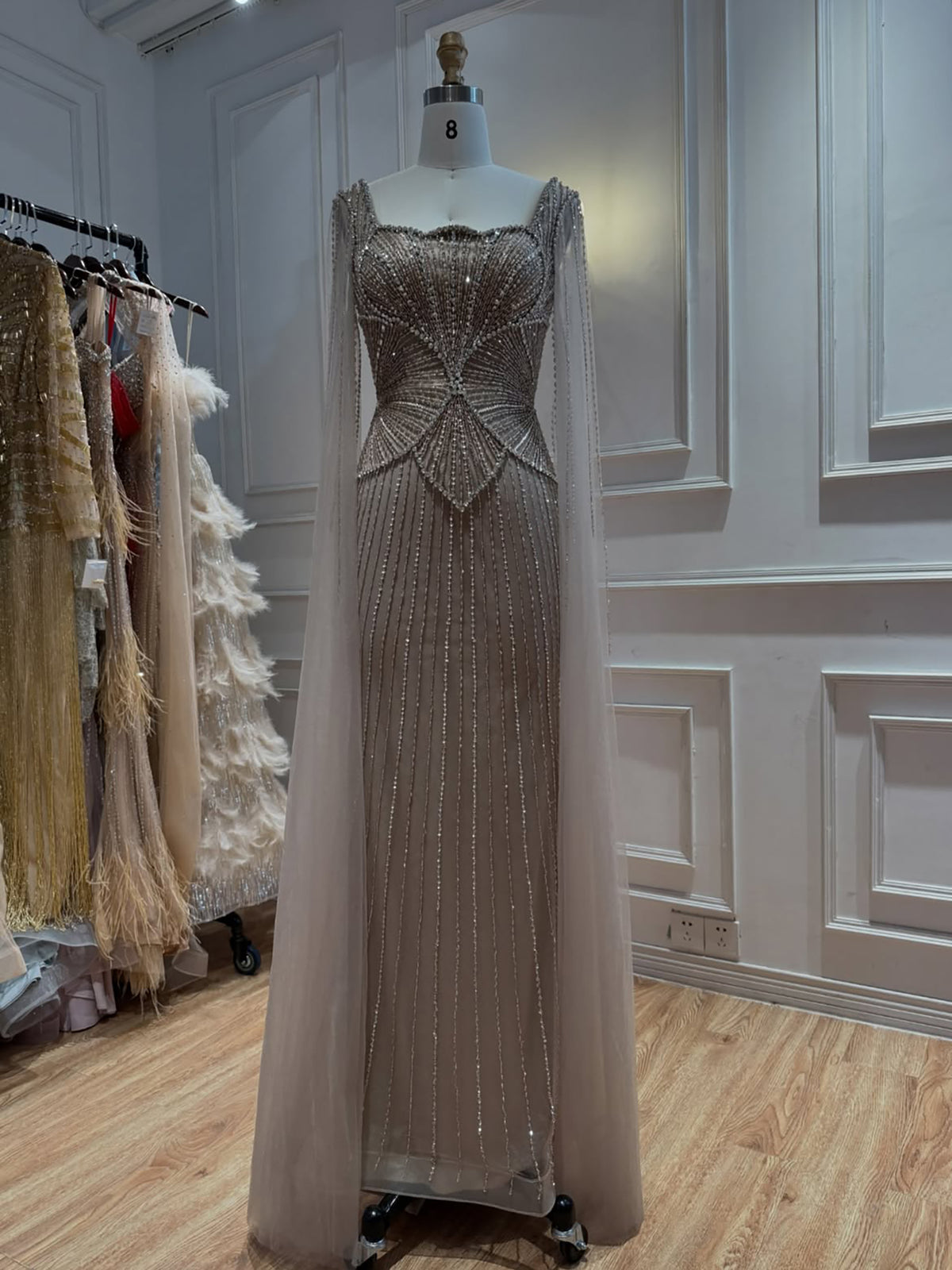 Luxury Beige Square Neck Crystal Beaded Mermaid Gown with Sheer Tulle Cape Sleeves CLA73333B