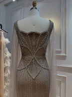 Luxury Beige Square Neck Crystal Beaded Mermaid Gown with Sheer Tulle Cape Sleeves CLA73333B