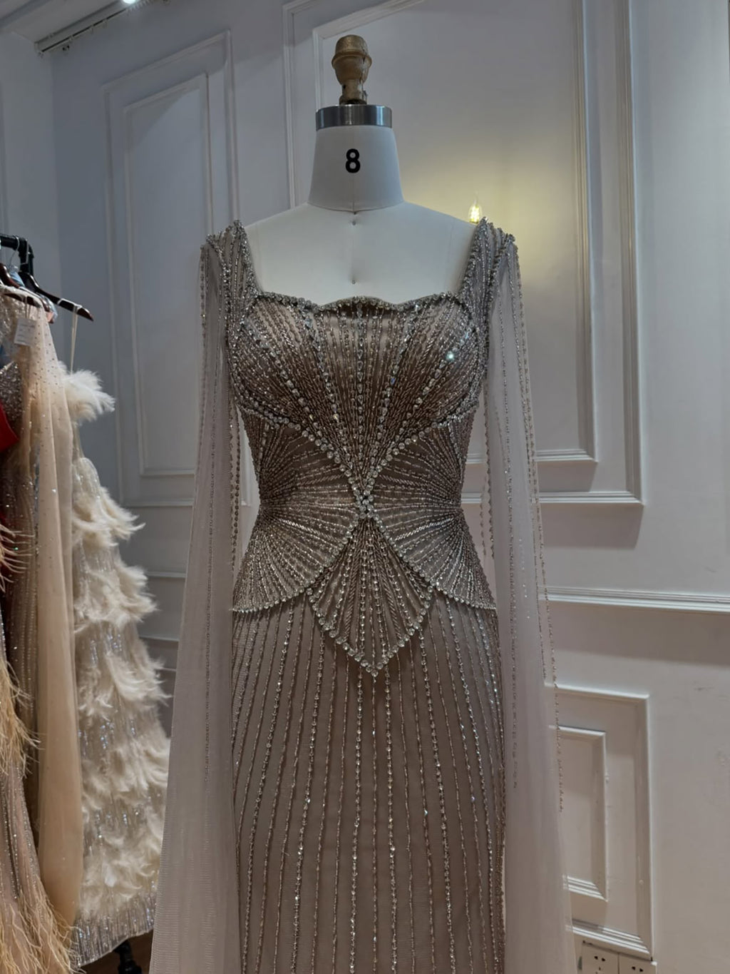 Luxury Beige Square Neck Crystal Beaded Mermaid Gown with Sheer Tulle Cape Sleeves CLA73333B
