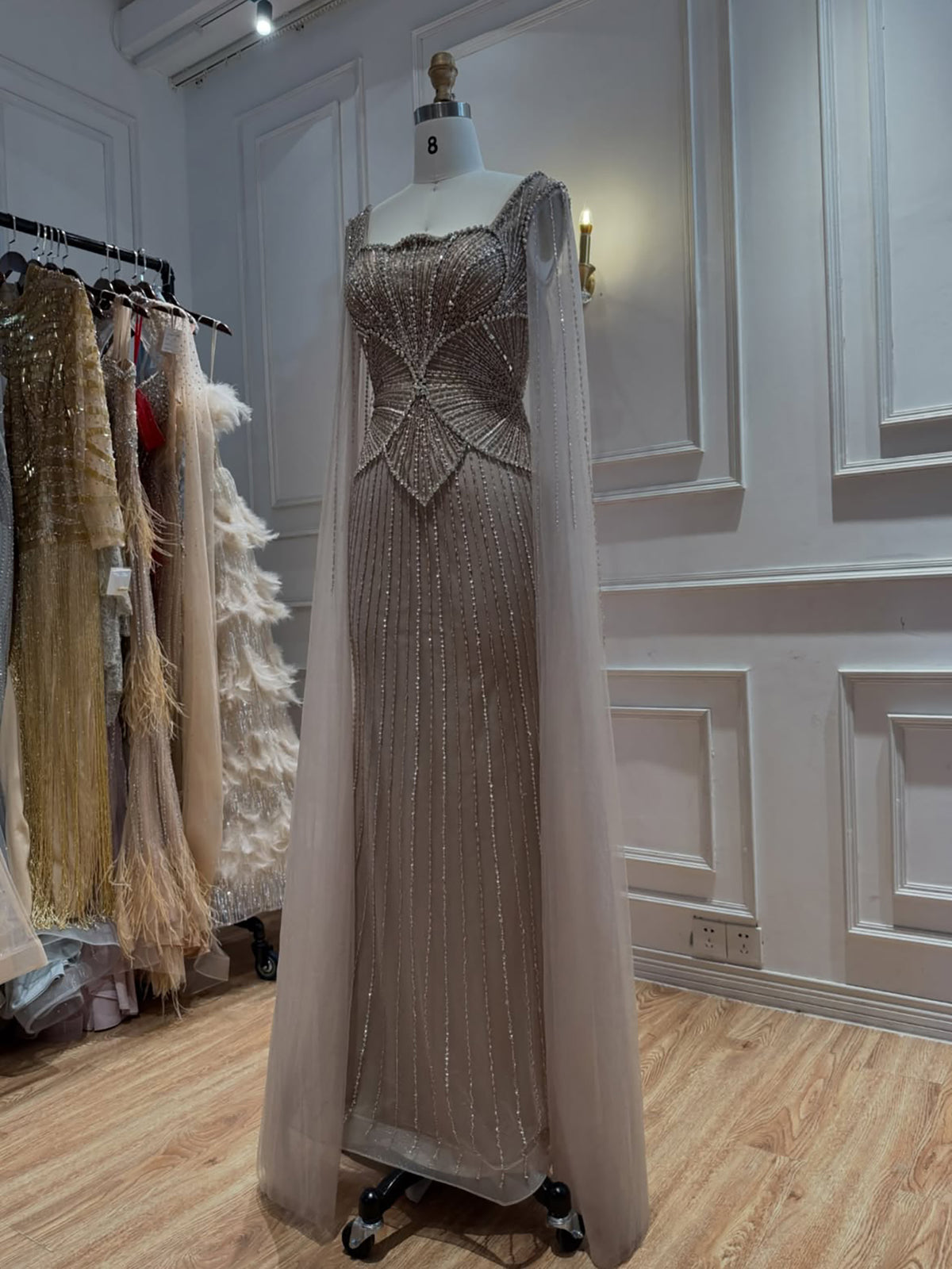 Luxury Beige Square Neck Crystal Beaded Mermaid Gown with Sheer Tulle Cape Sleeves CLA73333B