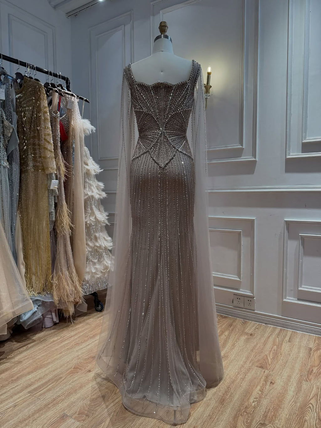 Luxury Beige Square Neck Crystal Beaded Mermaid Gown with Sheer Tulle Cape Sleeves CLA73333B