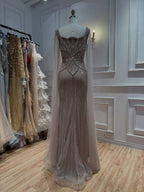 Luxury Beige Square Neck Crystal Beaded Mermaid Gown with Sheer Tulle Cape Sleeves CLA73333B