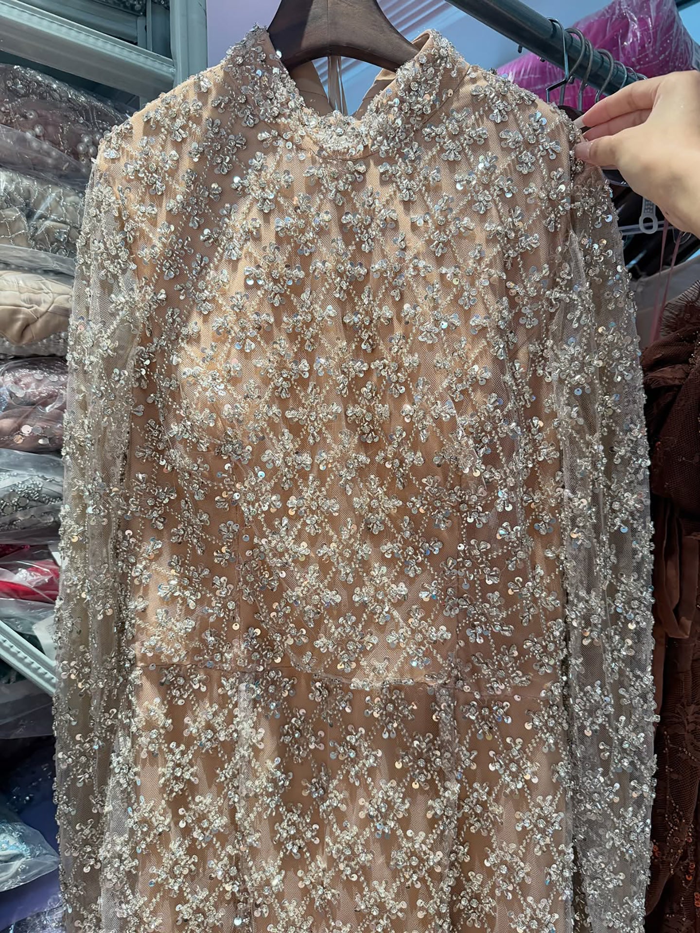 Luxury Nude Silver Rhinestone Beaded Mermaid Evening Dress With High Neck Long Sleeve Sheer Corset  CLA73335