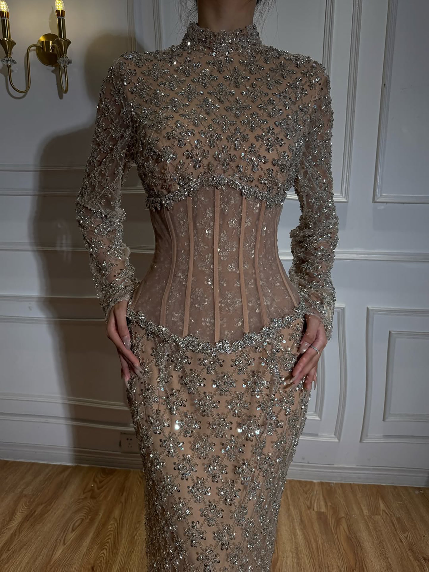 Luxury Nude Silver Rhinestone Beaded Mermaid Evening Dress With High Neck Long Sleeve Sheer Corset  CLA73335