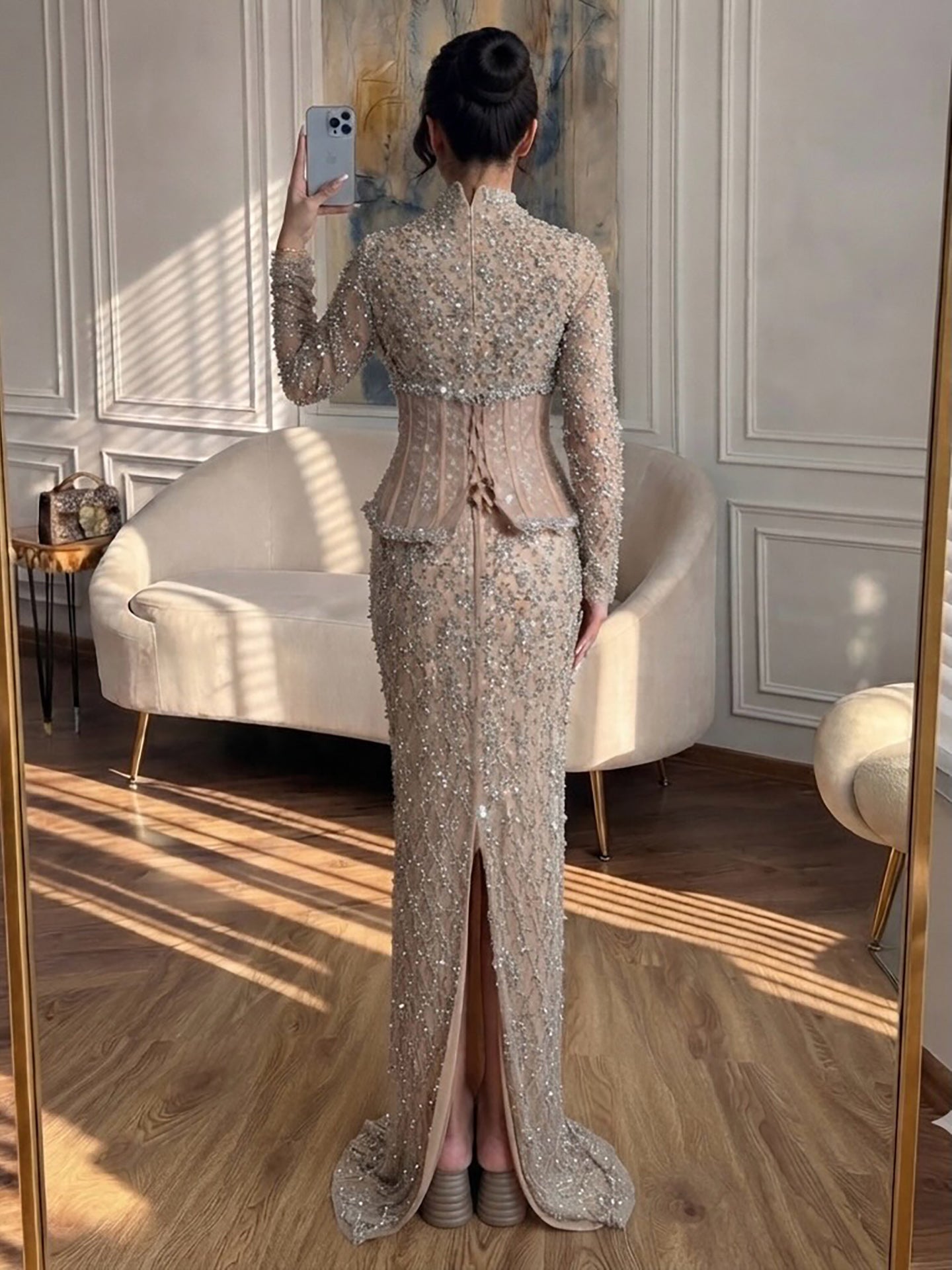 Luxury Nude Silver Rhinestone Beaded Mermaid Evening Dress With High Neck Long Sleeve Sheer Corset  CLA73335