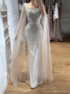 Luxury White Crystal Beaded Mermaid Gown with Split Cape Sleeves LA7333B