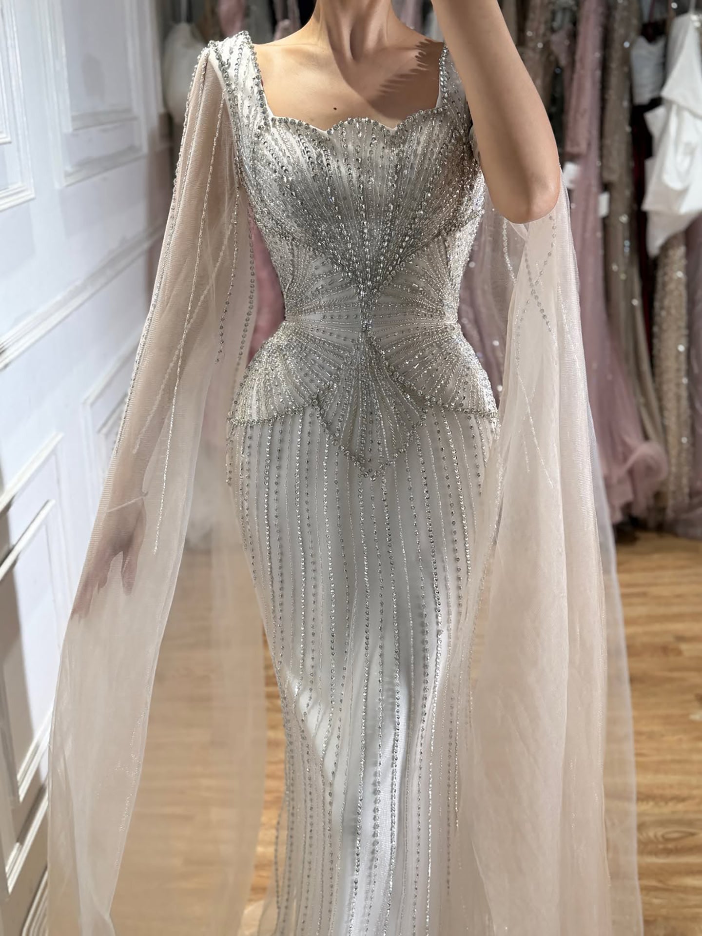 Luxury White Crystal Beaded Mermaid Gown with Split Cape Sleeves LA7333B