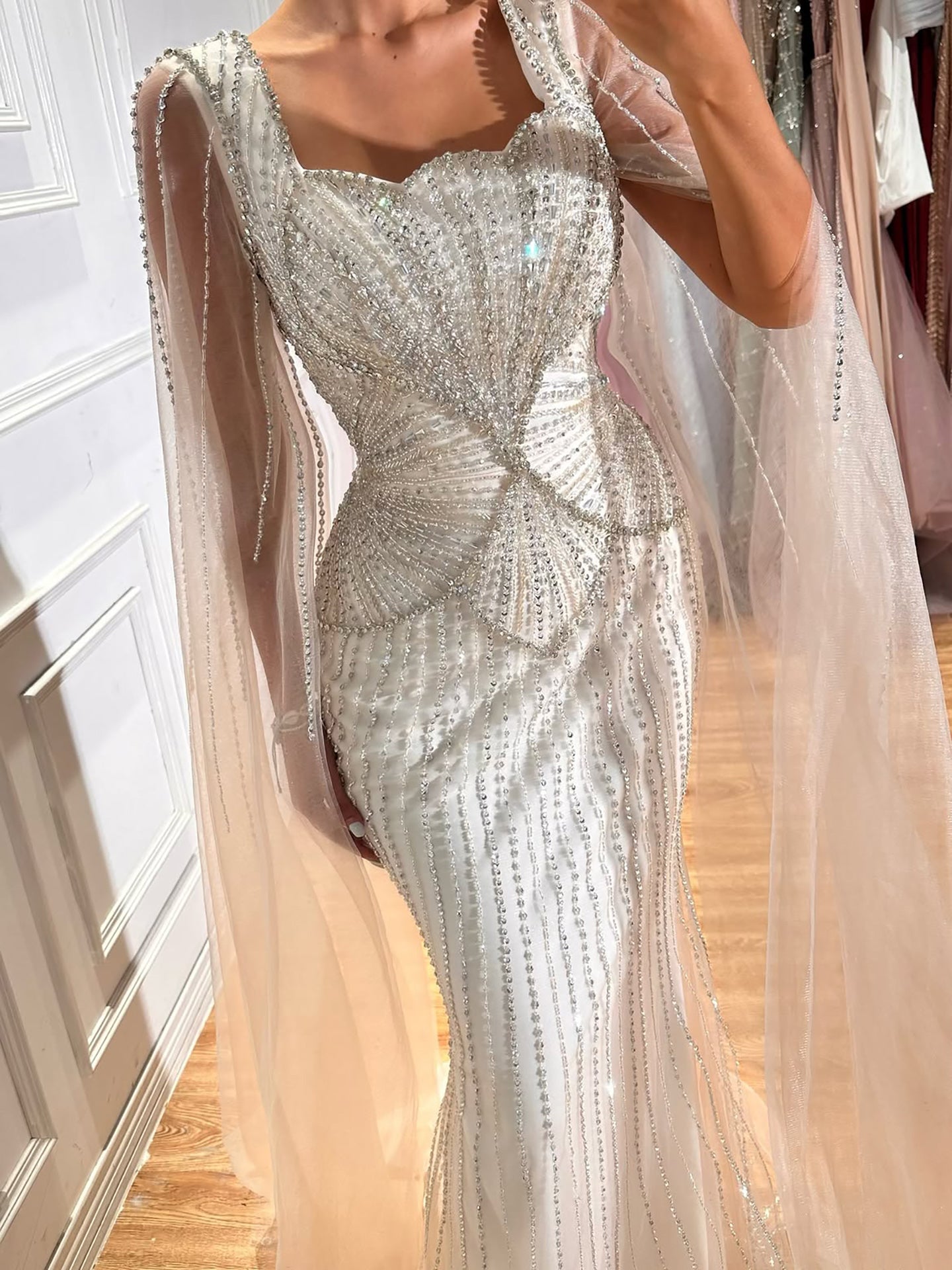 Luxury Beige Square Neck Crystal Beaded Mermaid Gown with Sheer Tulle Cape Sleeves CLA73333B