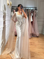 Luxury Beige Square Neck Crystal Beaded Mermaid Gown with Sheer Tulle Cape Sleeves CLA73333B