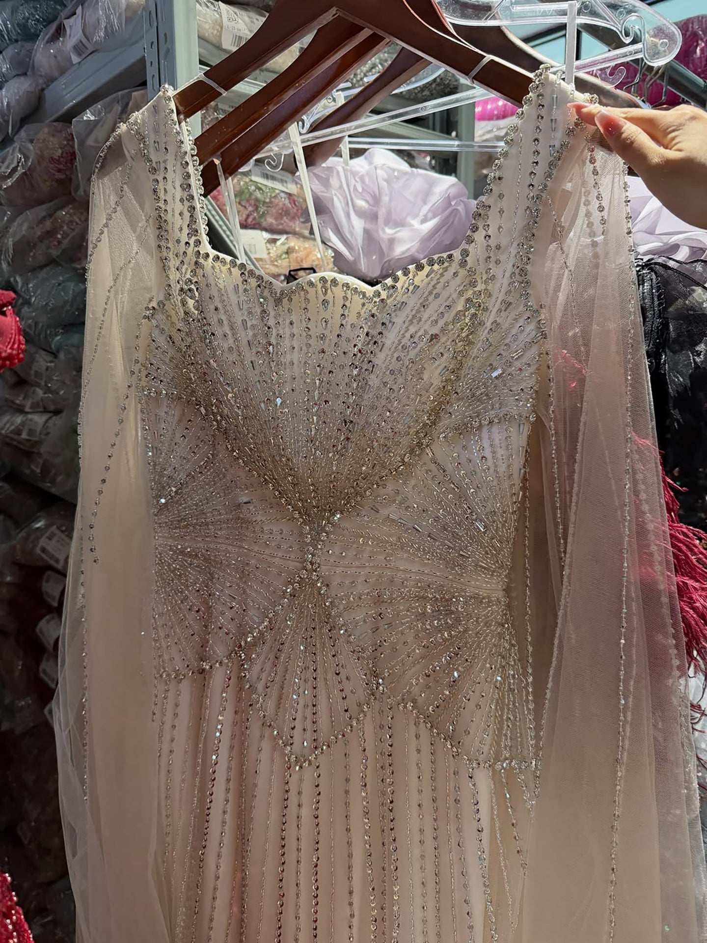 Luxury White Crystal Beaded Mermaid Gown with Split Cape Sleeves LA7333B