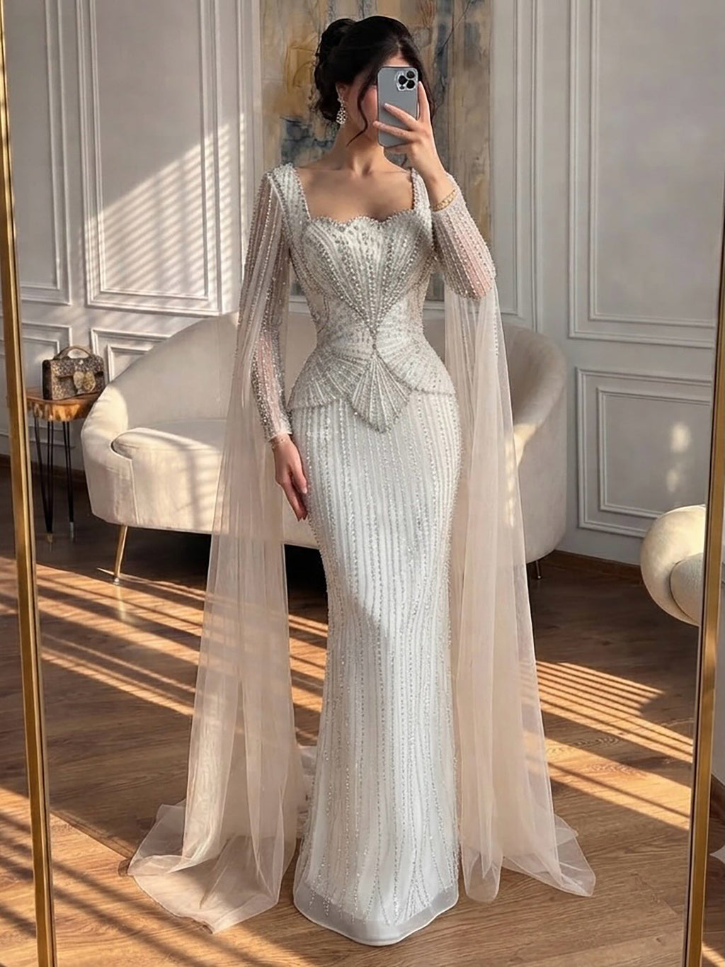 Luxury White Crystal Beaded Mermaid Gown with Split Cape Sleeves LA7333B