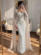 Luxury White Crystal Beaded Mermaid Gown with Split Cape Sleeves LA7333B