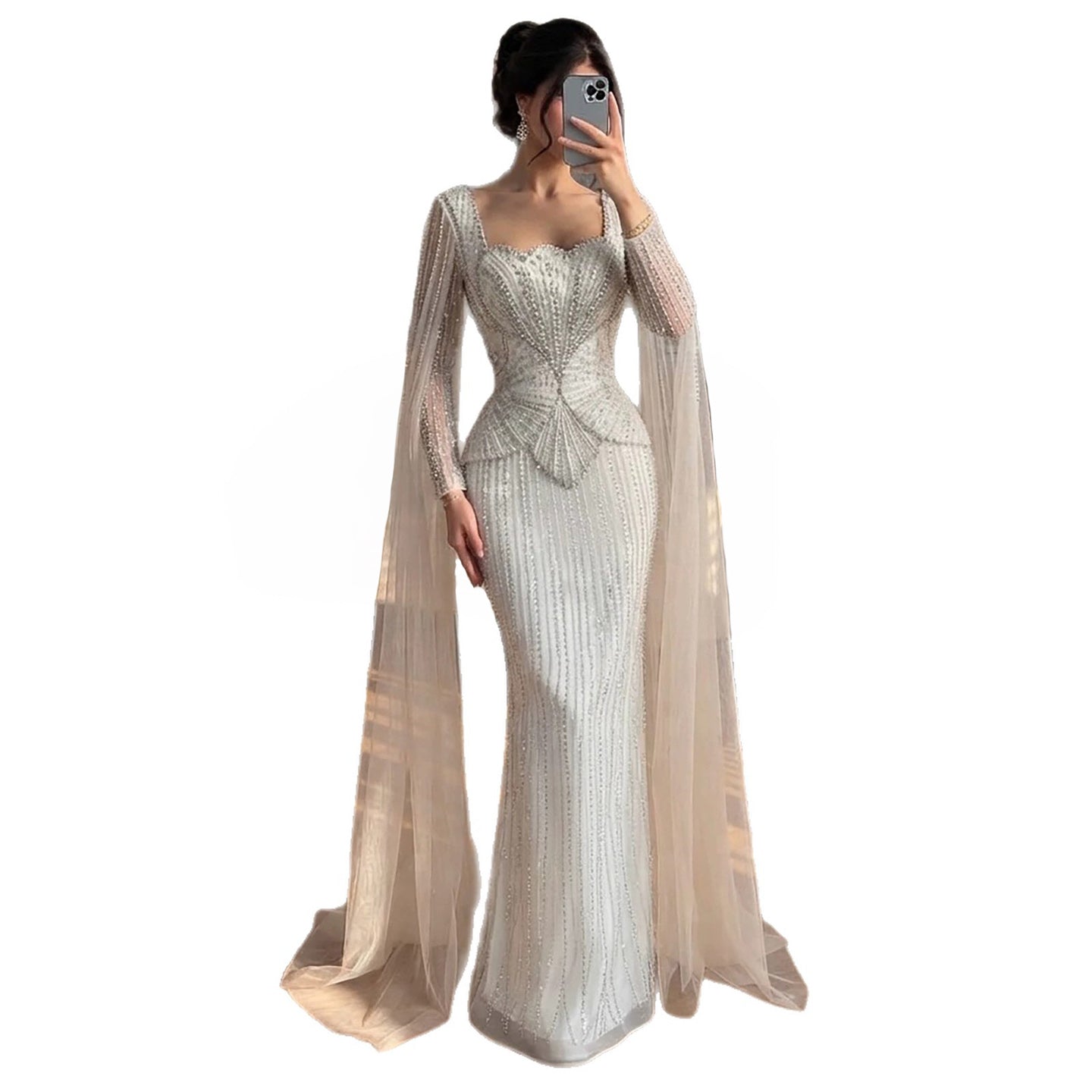 Luxury White Crystal Beaded Mermaid Gown with Split Cape Sleeves LA7333B