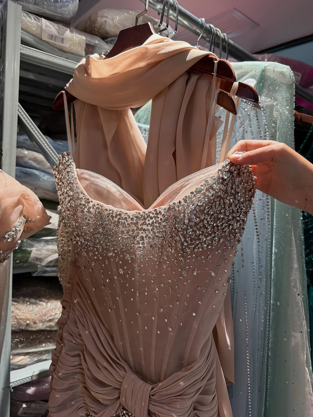 Luxury Arabic Nude Beaded Strapless With Cape Corset Evening Dress CLA73343