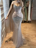 Luxury Arabic Nude Beaded Strapless With Cape Corset Evening Dress CLA73343