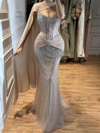 Luxury Arabic Nude Beaded Strapless With Cape Corset Evening Dress CLA73343