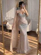 Luxury Arabic Nude Beaded Strapless With Cape Corset Evening Dress CLA73343