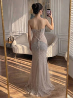 Luxury Arabic Nude Beaded Strapless With Cape Corset Evening Dress CLA73343