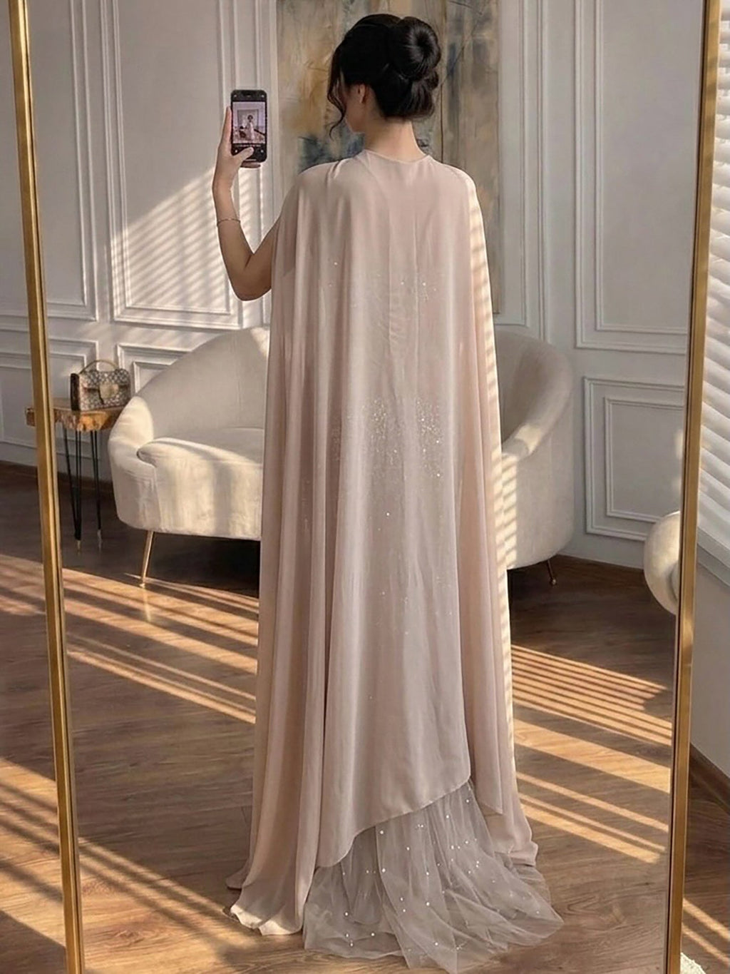 Luxury Arabic Nude Beaded Strapless With Cape Corset Evening Dress CLA73343