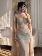 Luxury Arabic Nude Beaded Strapless With Cape Corset Evening Dress CLA73343