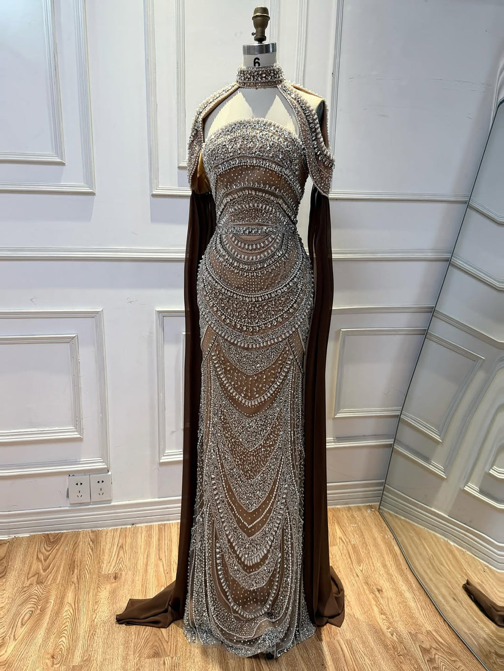 Luxury Caramel Kosovo Beaded Evening Dress Cape Sleeves CLA73344