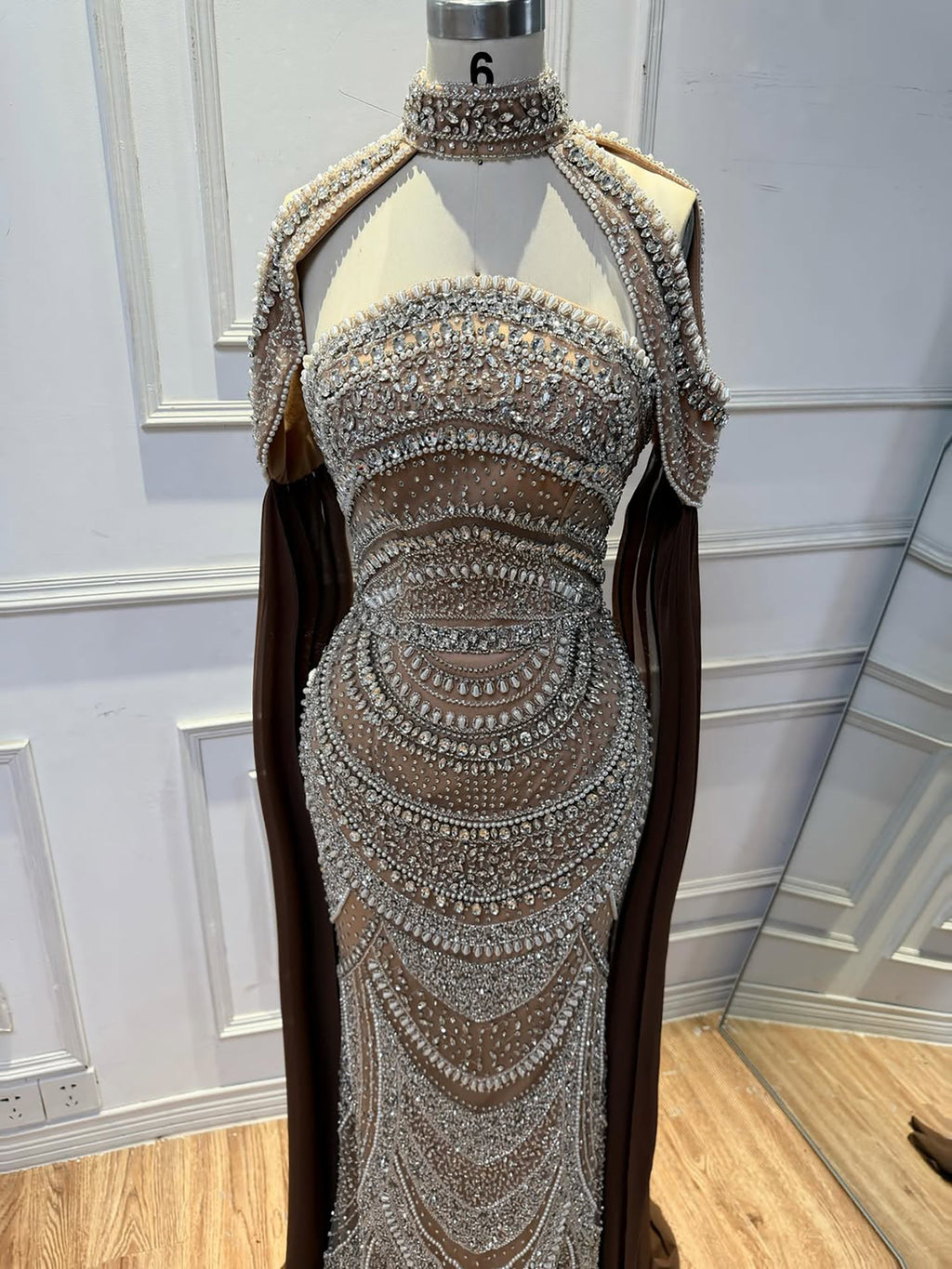 Luxury Caramel Kosovo Beaded Evening Dress Cape Sleeves CLA73344