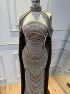 Luxury Caramel Kosovo Beaded Evening Dress Cape Sleeves CLA73344