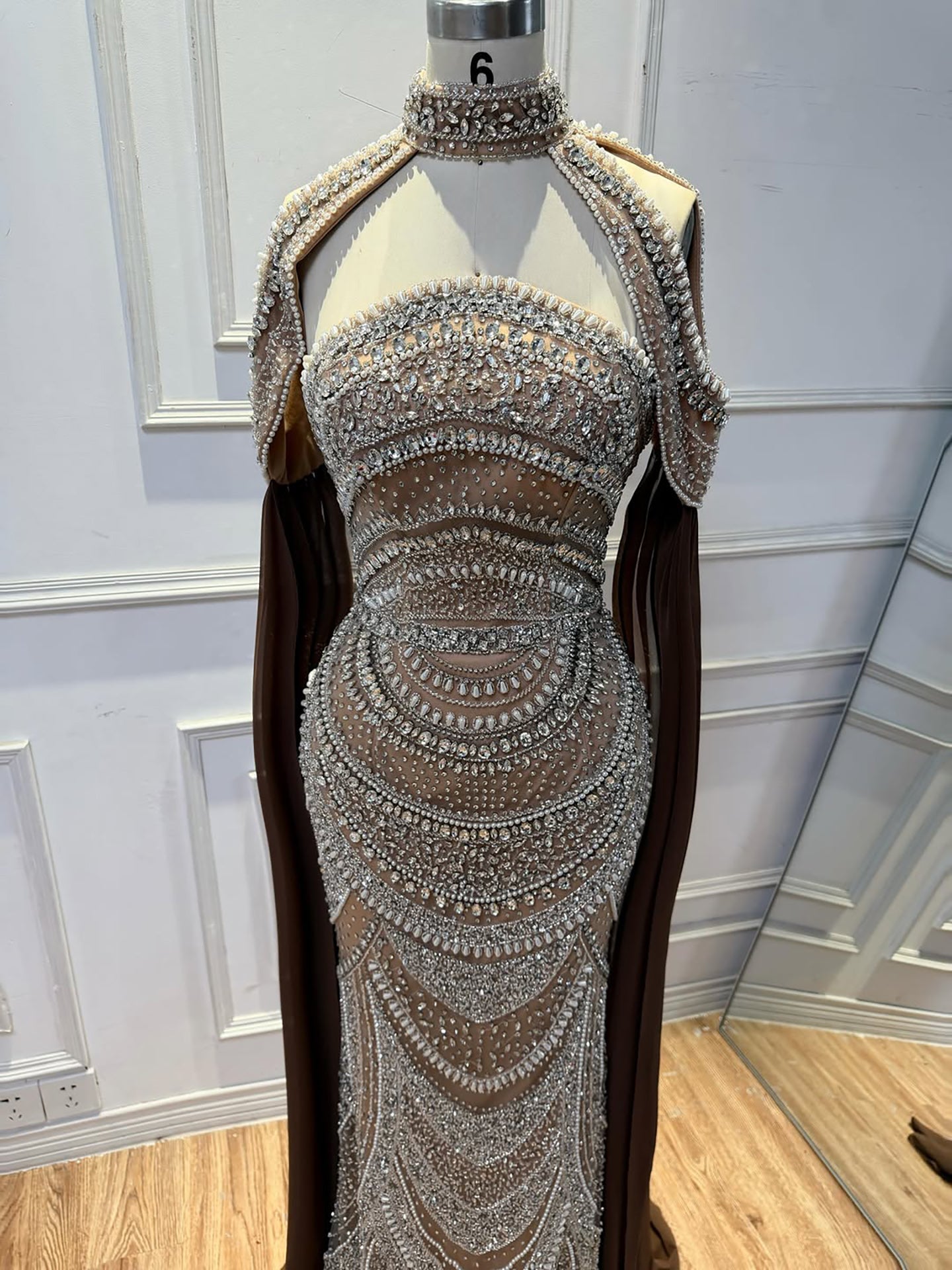 Luxury Caramel Kosovo Beaded Evening Dress Cape Sleeves CLA73344