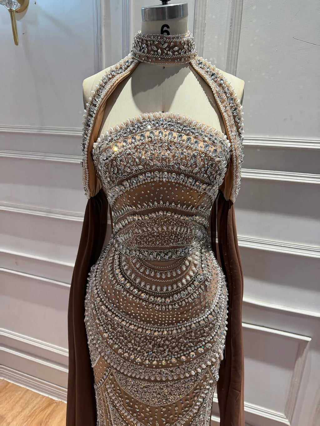 Luxury Caramel Kosovo Beaded Evening Dress Cape Sleeves CLA73344
