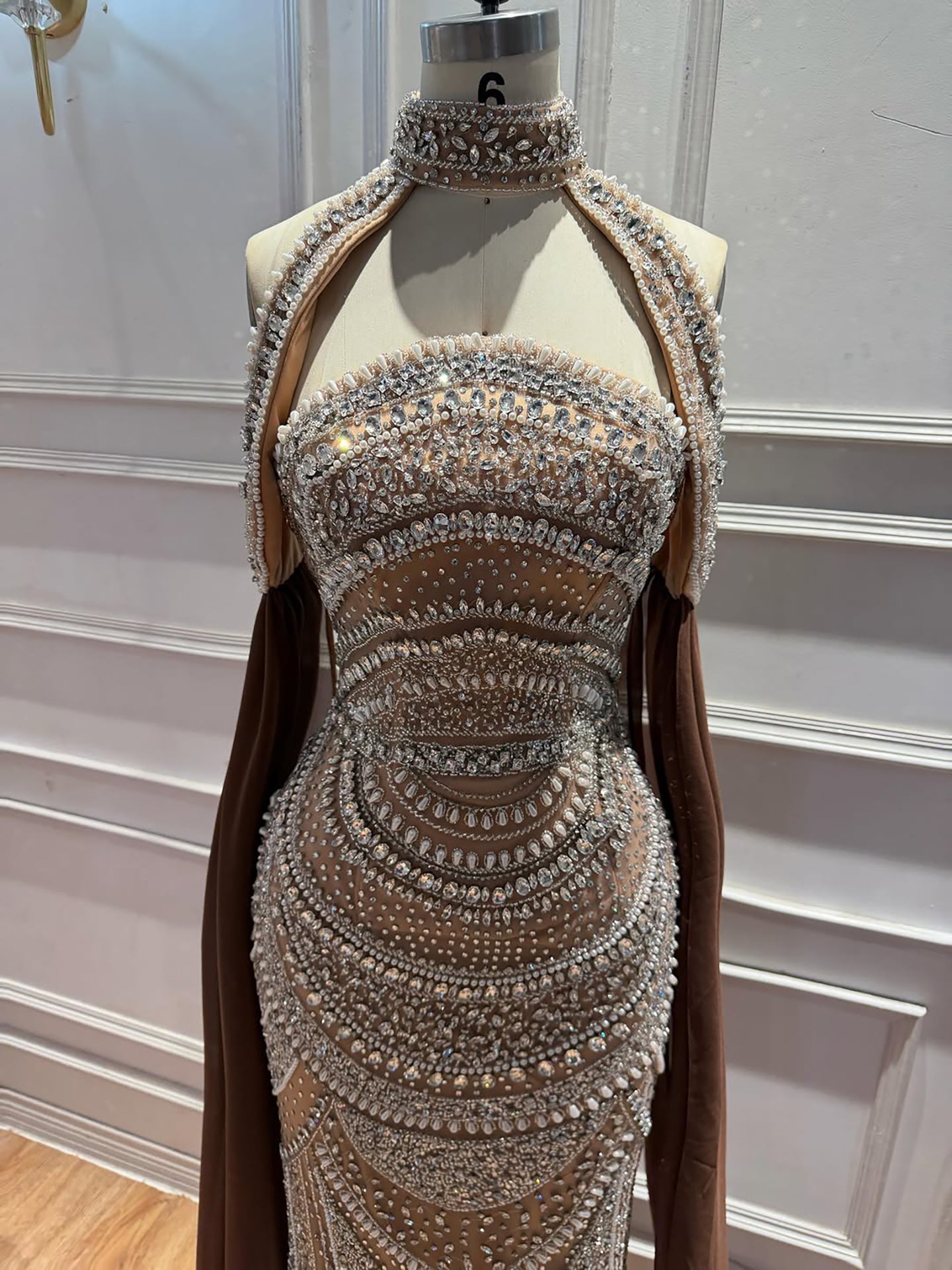 Luxury Caramel Kosovo Beaded Evening Dress Cape Sleeves CLA73344