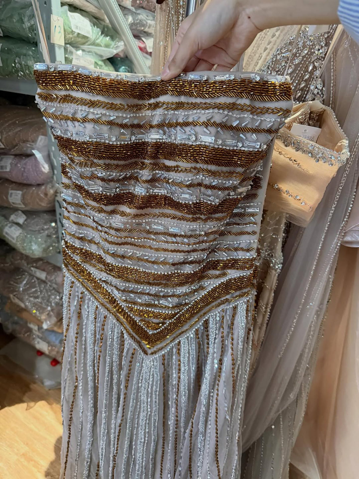 Luxury Caramel Beaded Arabic A-Line Strapless Evening Dress CLA73359
