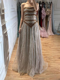 Luxury Caramel Beaded Arabic A-Line Strapless Evening Dress CLA73359