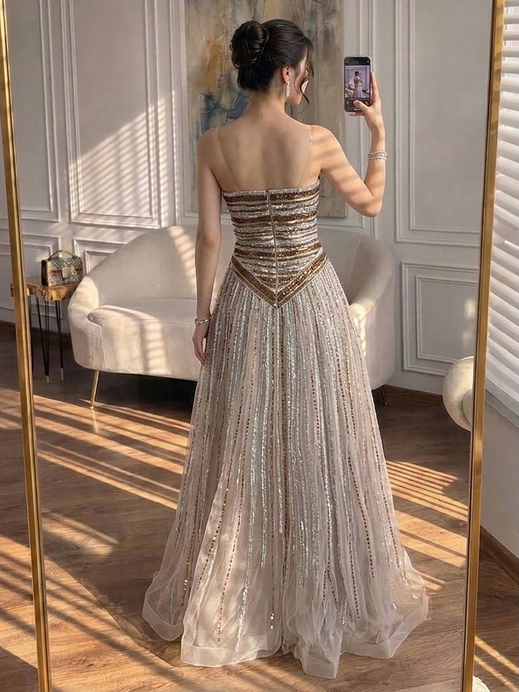 Luxury Caramel Beaded Arabic A-Line Strapless Evening Dress CLA73359