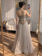 Luxury Caramel Beaded Arabic A-Line Strapless Evening Dress CLA73359